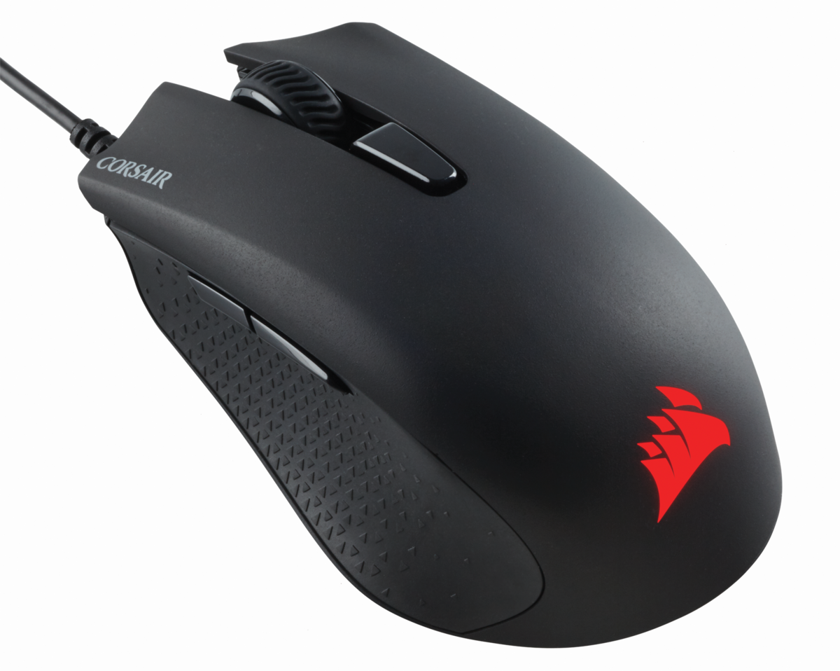 Souris gaming Corsair noire. Logo et accents rouges. Prise texturée sur le côté.
