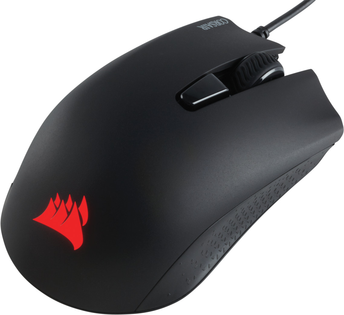 Souris gaming Corsair noire avec logo rouge et molette de défilement.
