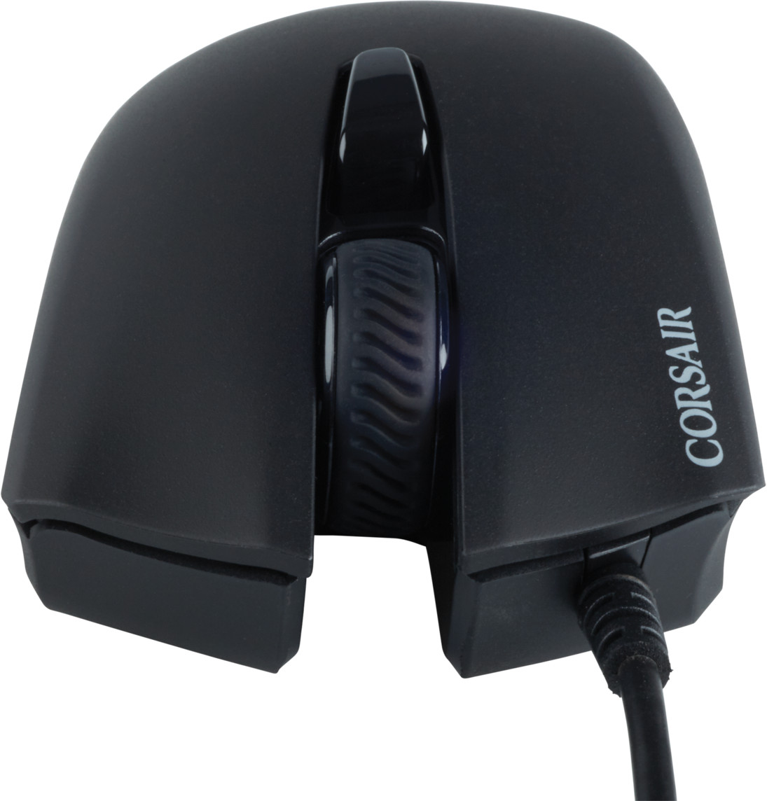 Souris Corsair noire, vue de dessus. Dispose d'une molette de défilement.