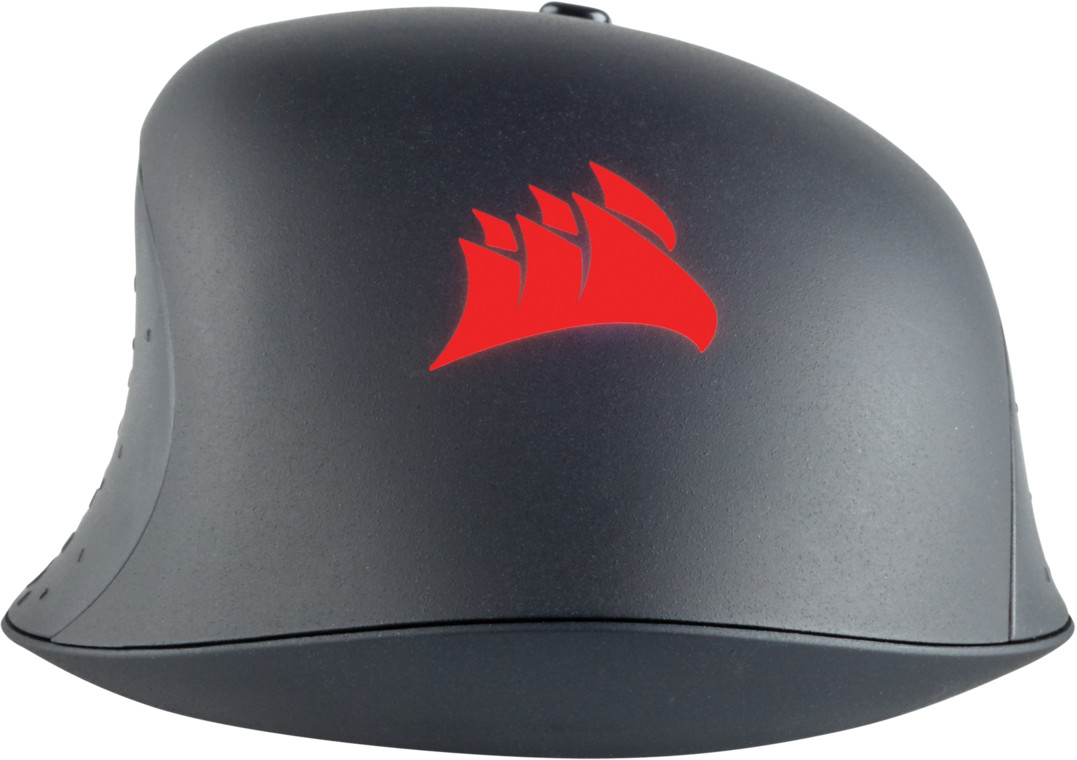 Souris Corsair noire avec logo rouge. Sur fond blanc.