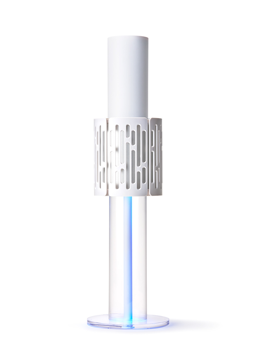 Moderne weiße Lampe mit zylindrischem Oberteil und klarer Röhrenbasis.