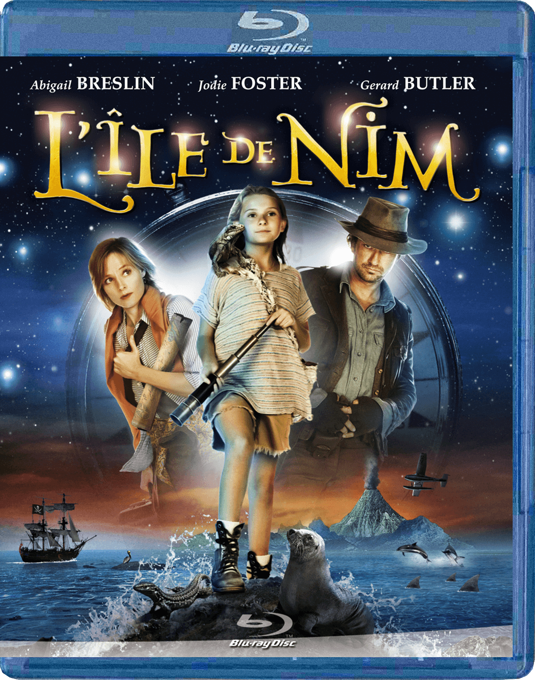 Couverture Blu-ray de L'Île de Nim. Abigail Breslin, Jodie Foster et Gerard Butler sont présents. Mer et ciel en arrière-plan.