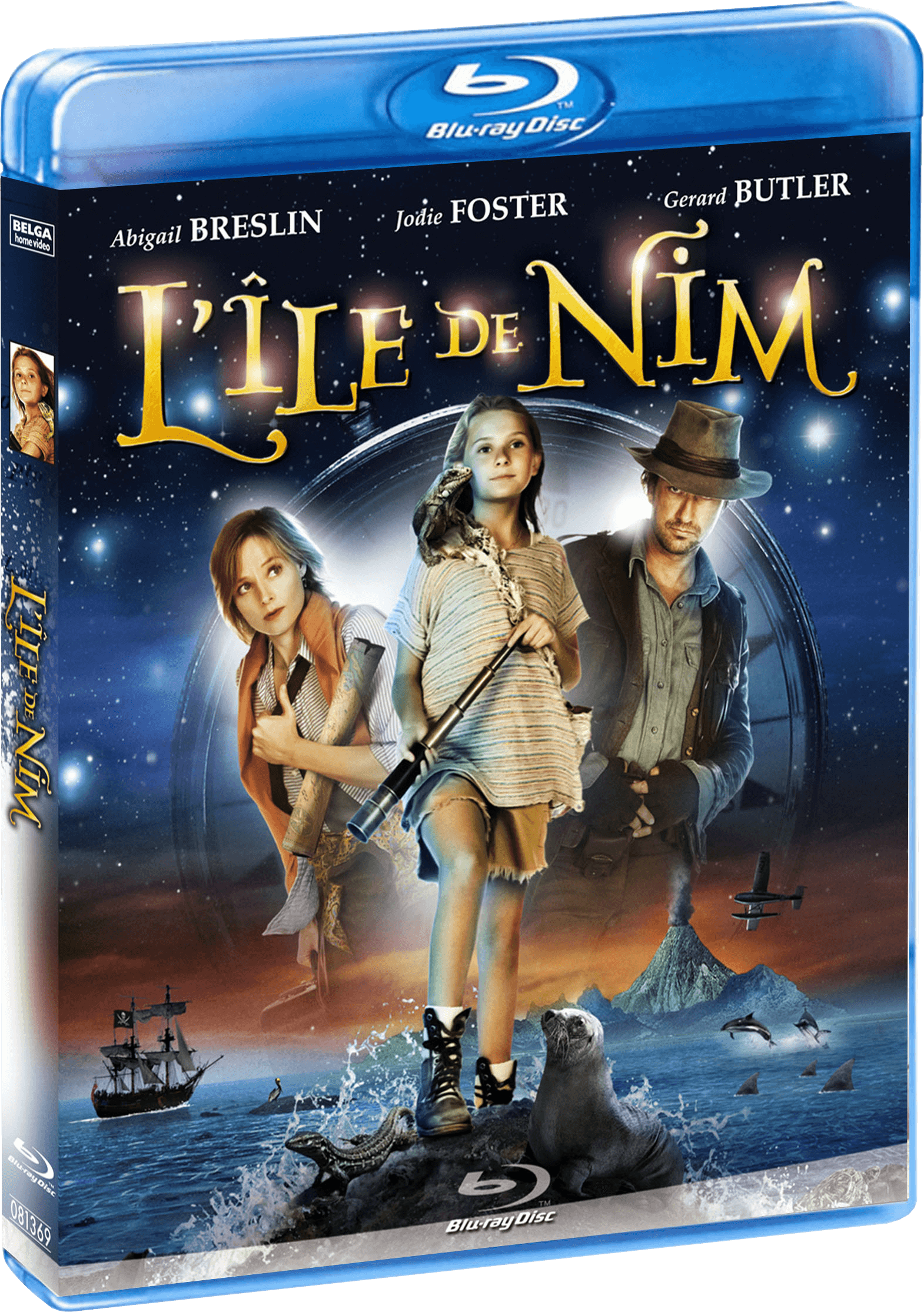 Boîtier DVD du film "L'Île de Nim", avec des acteurs et une scène d'île fantastique visible.
