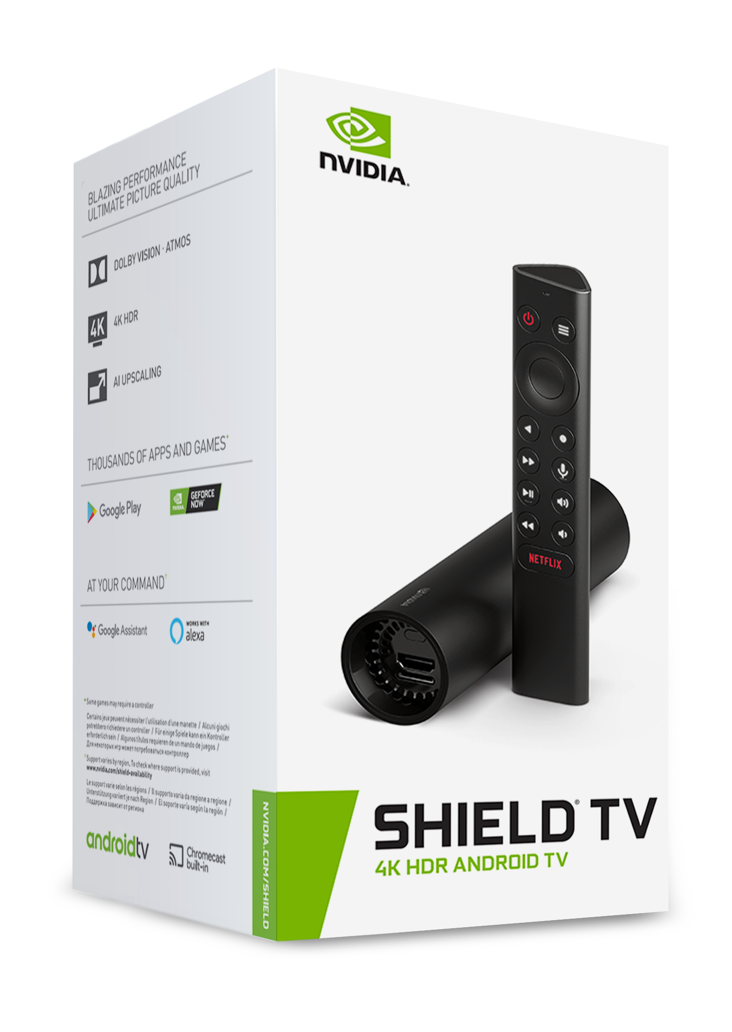 Nvidia Shield TV box with remote control. The box shows features like 4K HDR, Google Assistant, and many apps and games.