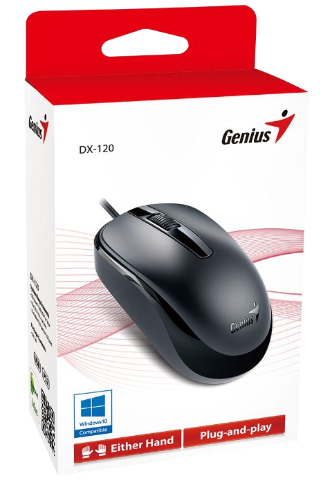 Fekete számítógépes egér dobozban, fehér háttérrel. Az egér Genius DX-120, plug-and-play, mindkét kézhez.