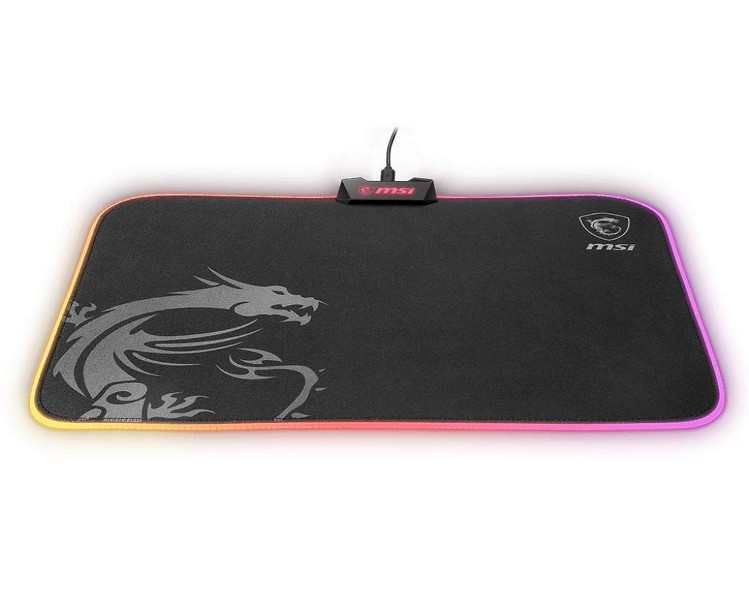 Una alfombrilla de ratón para juegos negra con un logotipo de dragón y un borde de luz colorido.