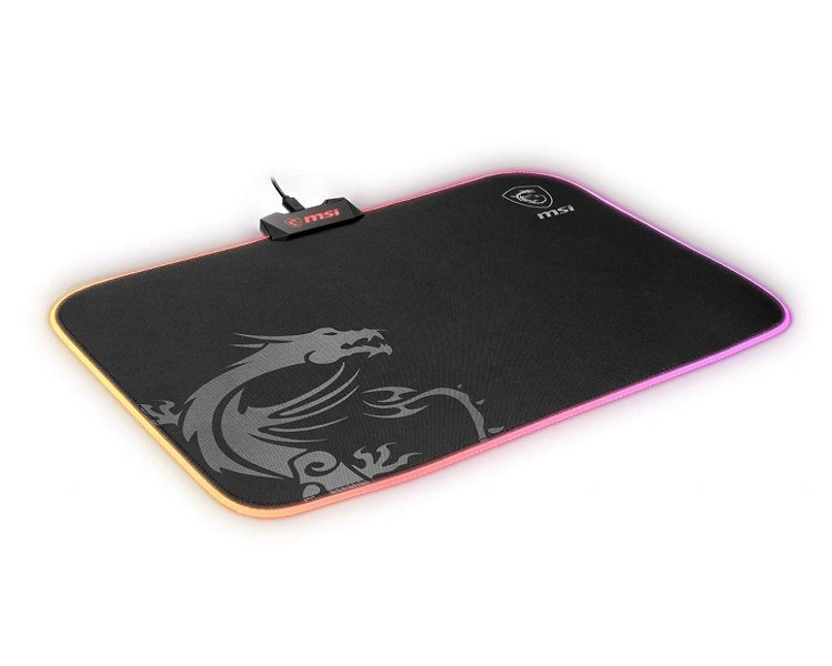 Una alfombrilla de ratón MSI para juegos negra con diseño de dragón, bordes coloridos y conector USB.