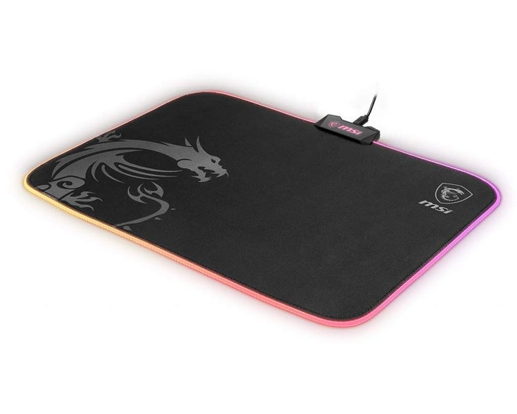 Alfombrilla de ratón gaming MSI negra con diseño de dragón. Iluminación RGB en los bordes. Fondo blanco. Logo MSI.