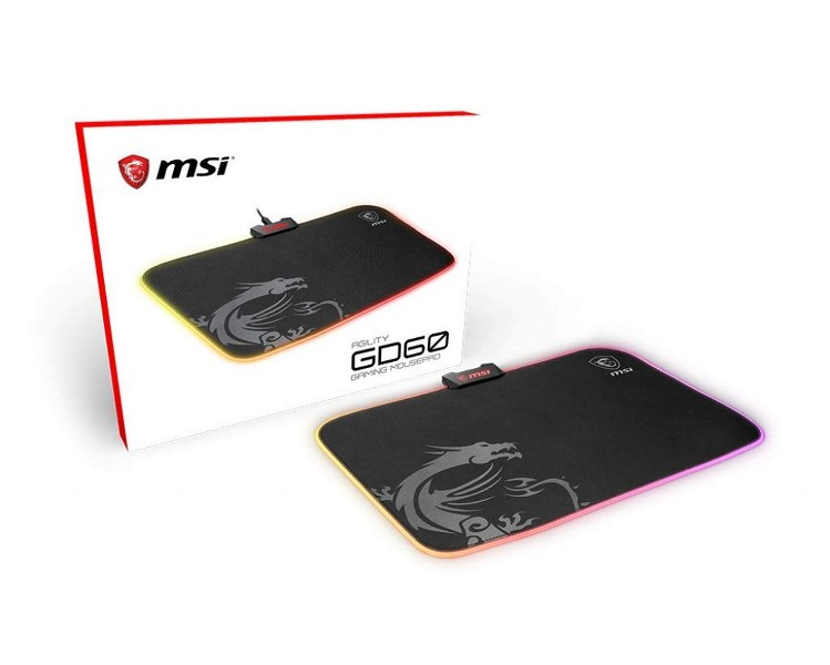 Alfombrilla de ratón MSI con caja roja, diseño de dragón y borde RGB, sobre blanco.