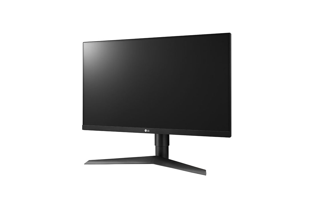Monitor LG negro. Vista en ángulo muestra pantalla, soporte y base. Fondo blanco.