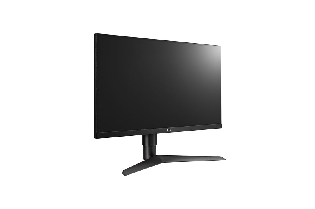 Un monitor de computadora negro con un soporte negro sobre un fondo blanco.