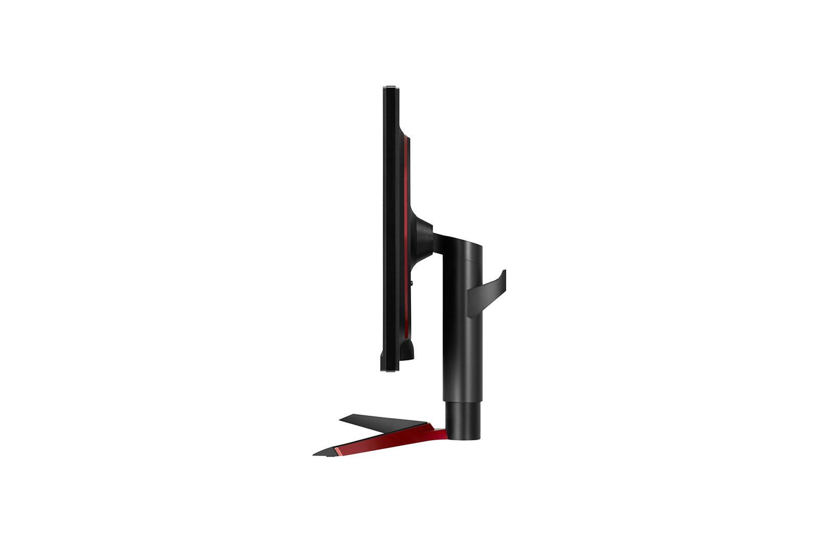 Un monitor de perfil, negro con soporte y borde rojo.