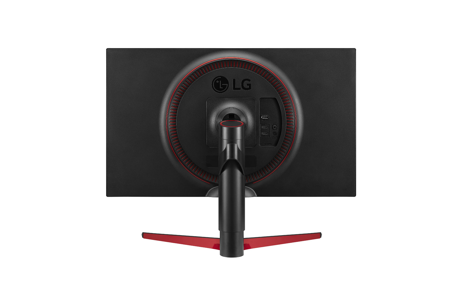 Parte trasera de un monitor de ordenador negro y rojo. Cuenta con puertos, soporte y el logotipo de LG.