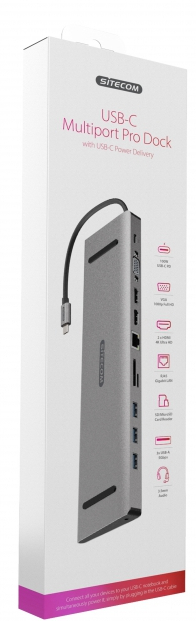 SITECOM Adaptateur USB + USB-C + HDMI + VGA + Ethernet + SD/MicroSD + 3.5 mm (CN-390)