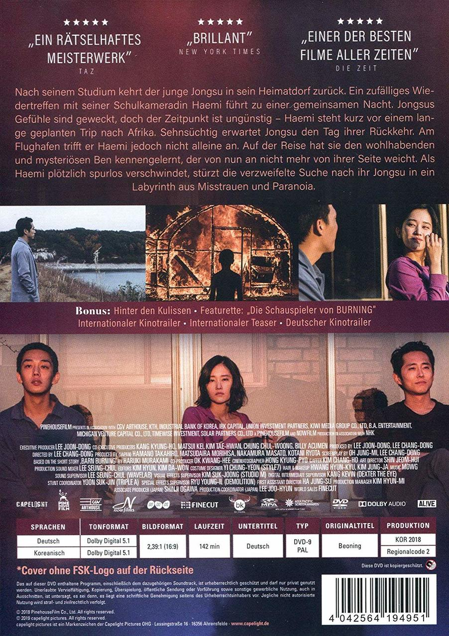 DVD-Hülle hinten. Text in Koreanisch und Deutsch. Enthält Informationen über den Film Burning.