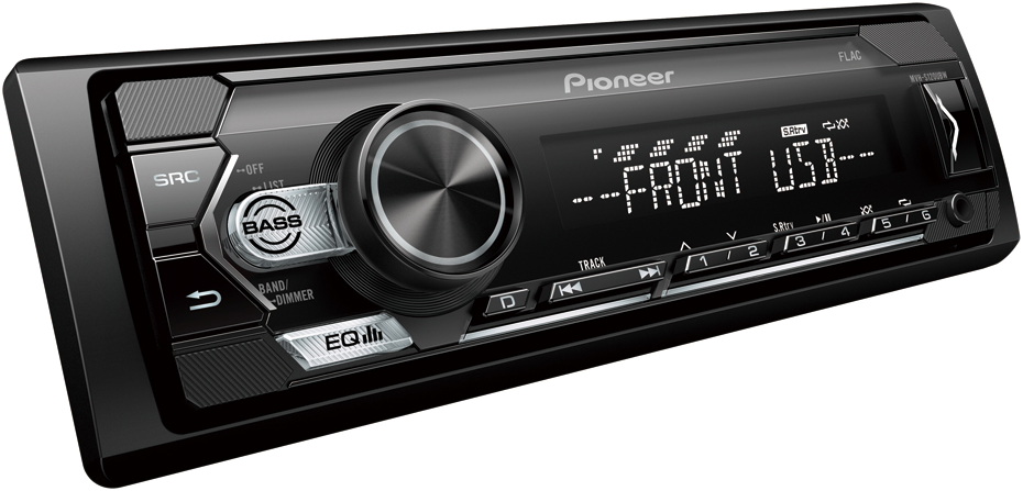 Pioneer autórádió, fekete, a kijelzőn a 'FRONT USB' felirat látható, vezérlőgombokkal.