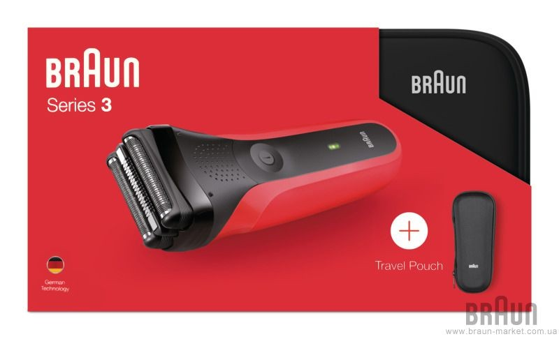 Afeitadora -  Braun Series 3 300, Resistente al agua, Pantalla LED, Recargable, Tapa protectora, Rojo