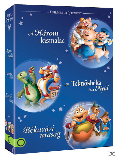 DVD-doboz animált karakterekkel a borítón, három történet. A karakterek között szerepelnek malacok, teknősök, nyulak és békák.