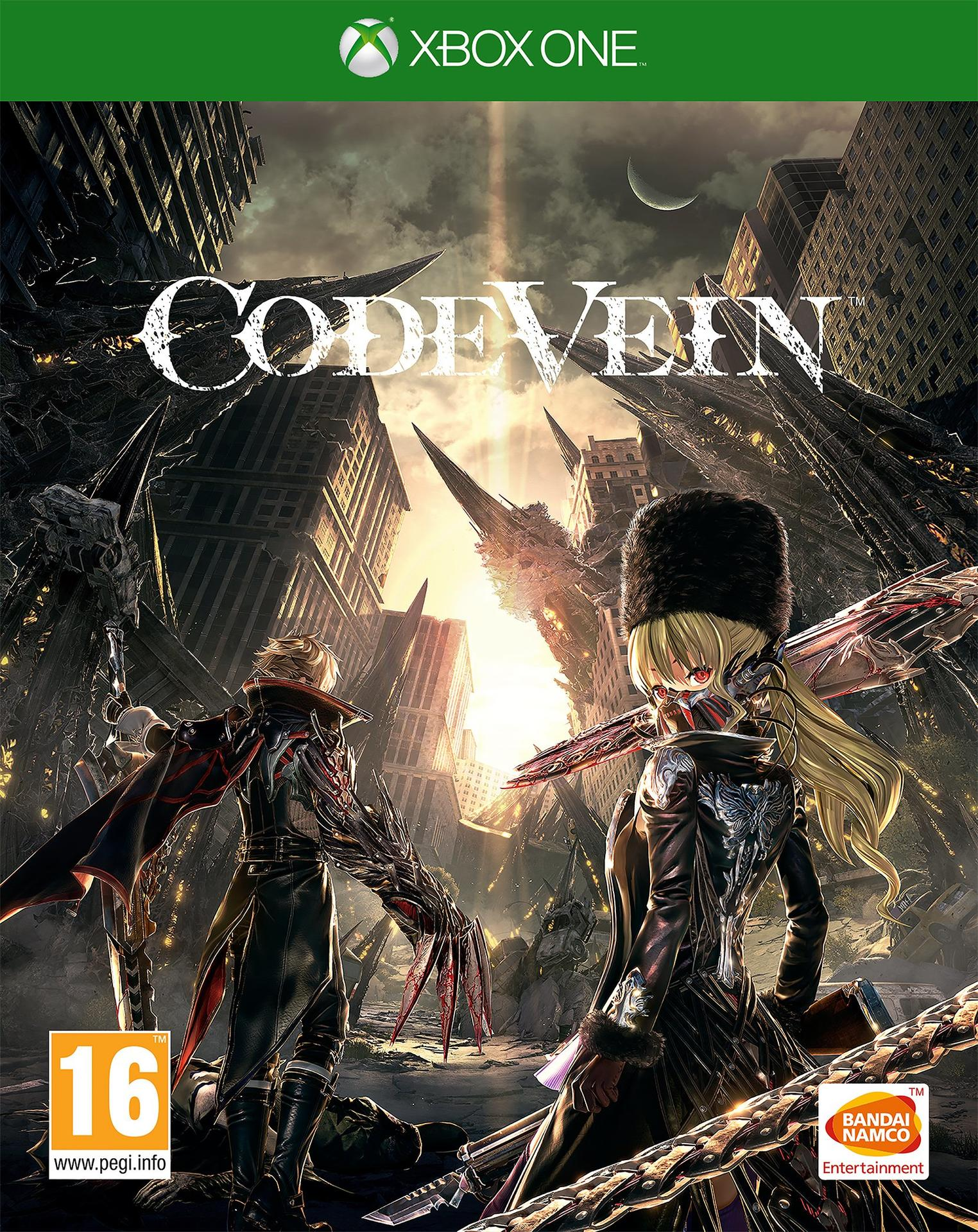 Code Vein Xbox One játékborító. Két gótikus öltözetű karakter egy lerombolt városkép előtt áll.
