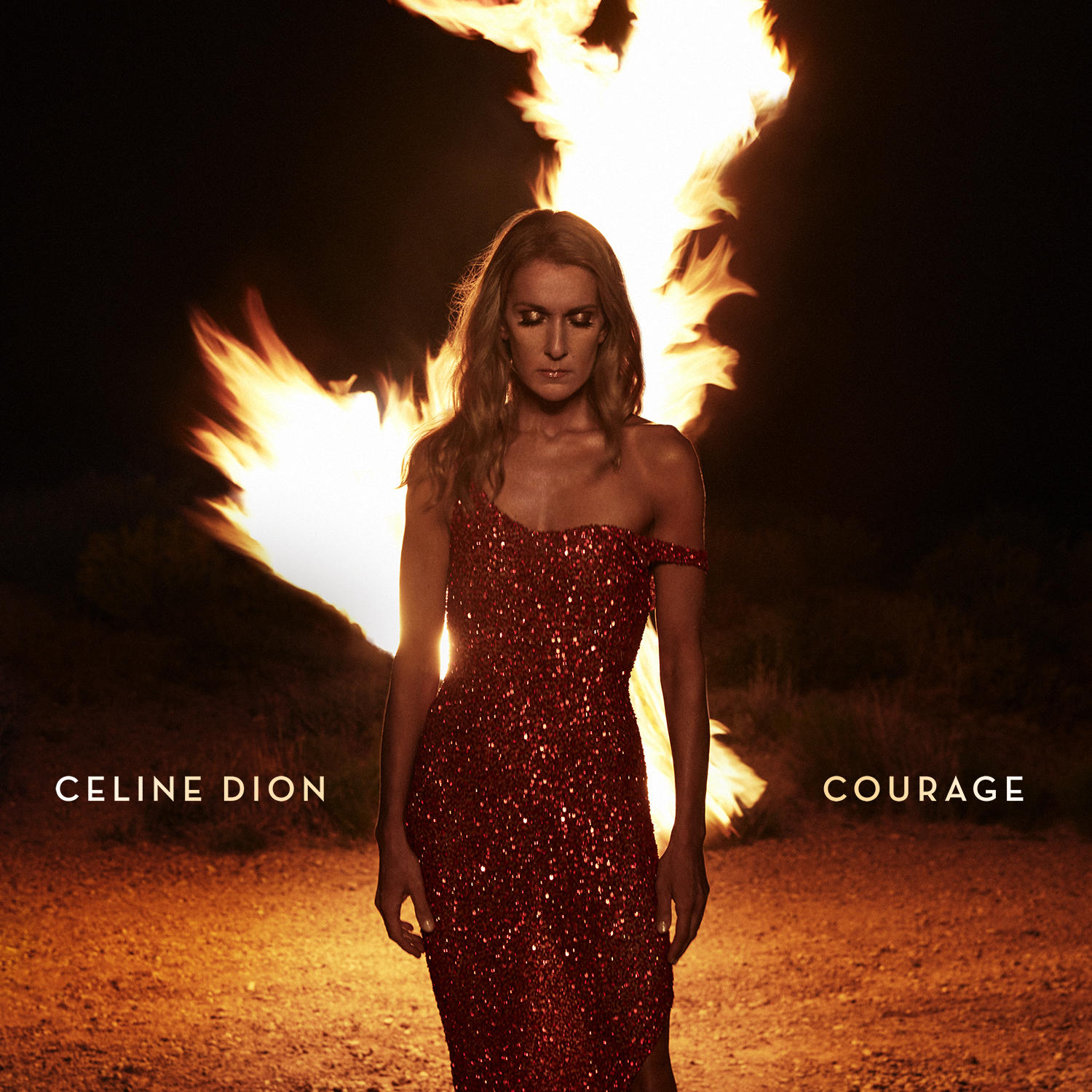 Celine Dion piros ruhában áll a tűz előtt. Az album címe: 'Courage'.