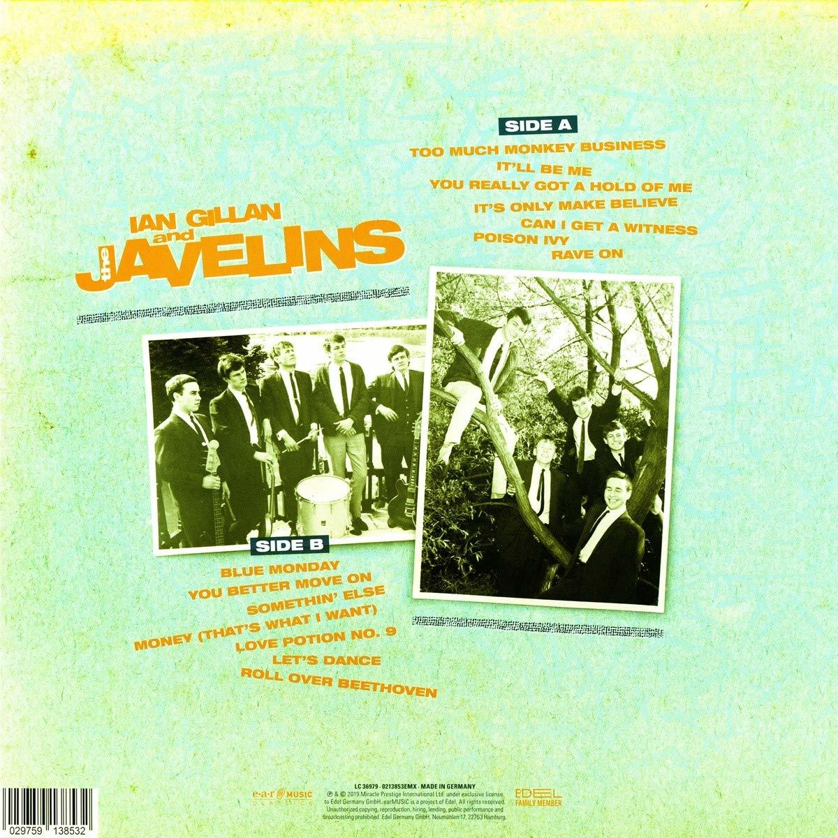 Ian Gillan és a Javelins album borítója. A zenekar fotói. A dalok címei oldalt.