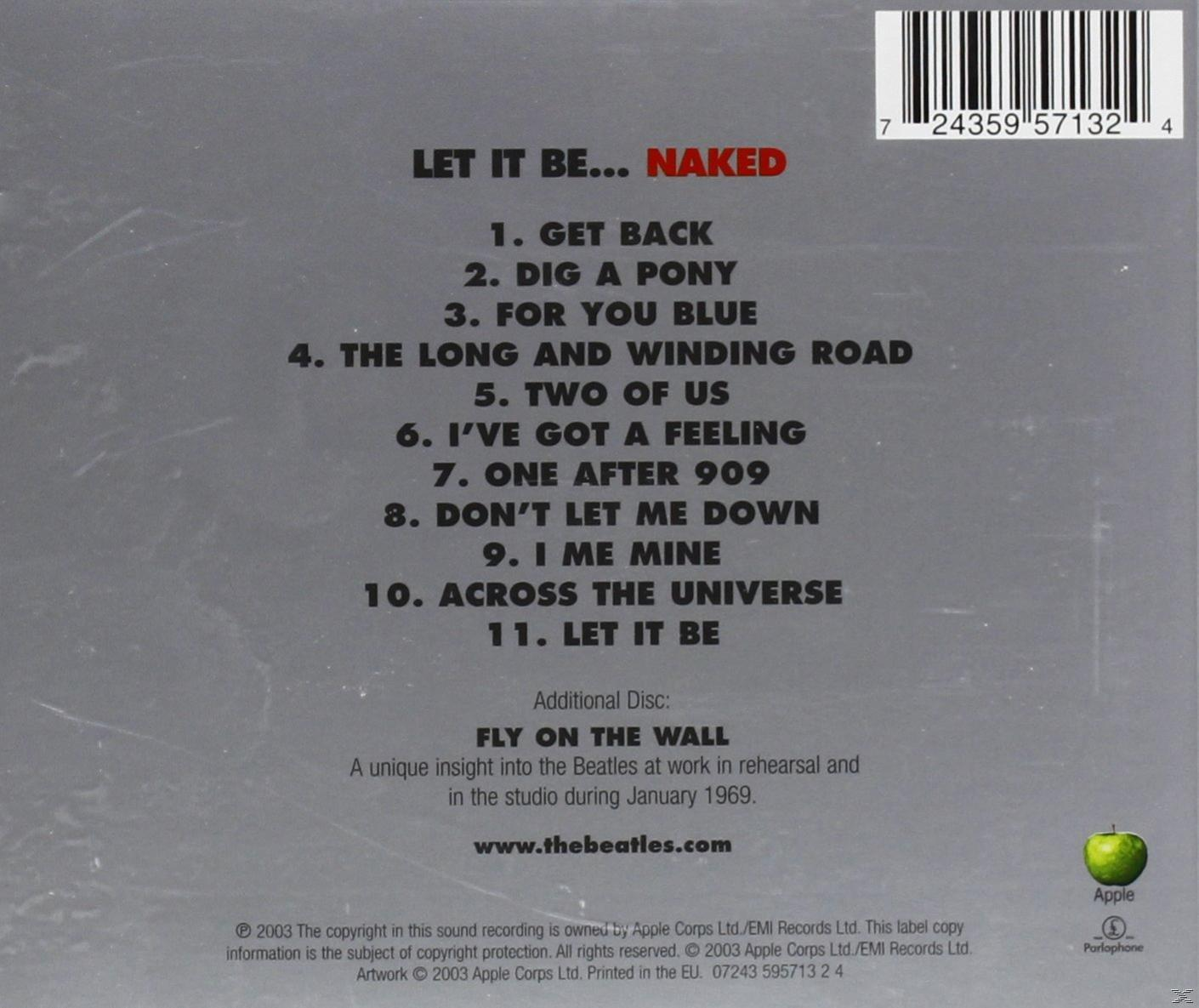 A Beatles Let It Be...Naked albuma, a hátoldalon a számlistával. Az album szürke, fekete szöveggel.