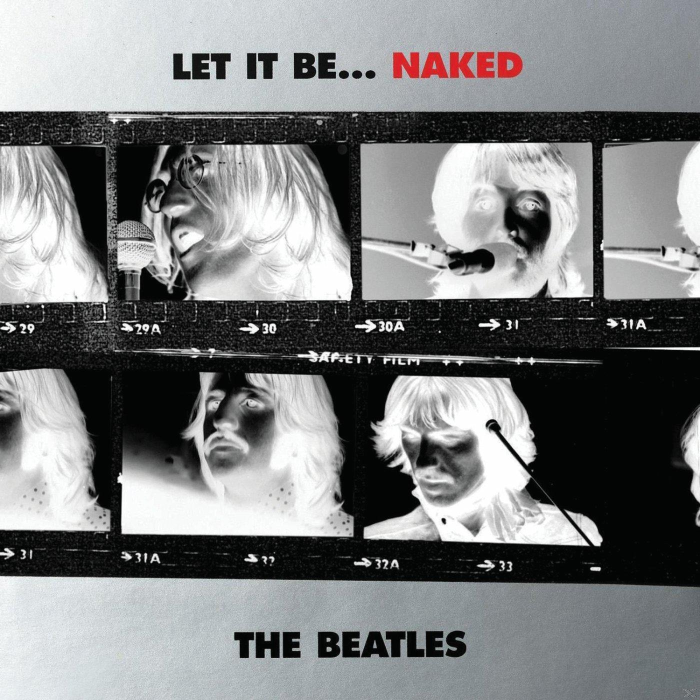 The Beatles album borító: a zenekar tagjai fekete-fehér fotókon. Szöveg: 'Let It Be... Naked'.
