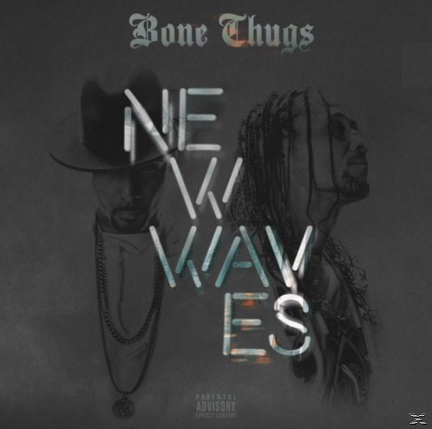 Albumcover: Zwei Männer mit verschatteten Gesichtern und den Worten 'New Waves'. Dunkler Hintergrund.
