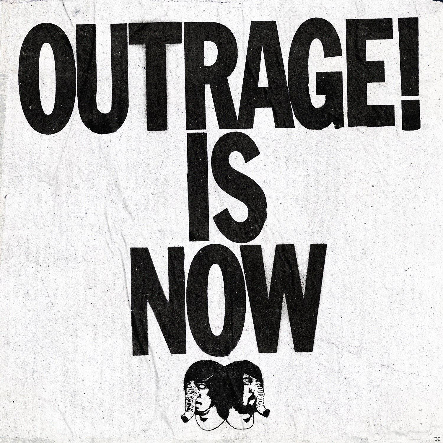 Plakat mit den Worten 'OUTRAGE! IS NOW' und zwei Gesichtern mit elefantenartigen Rüsseln. Weißer Hintergrund.