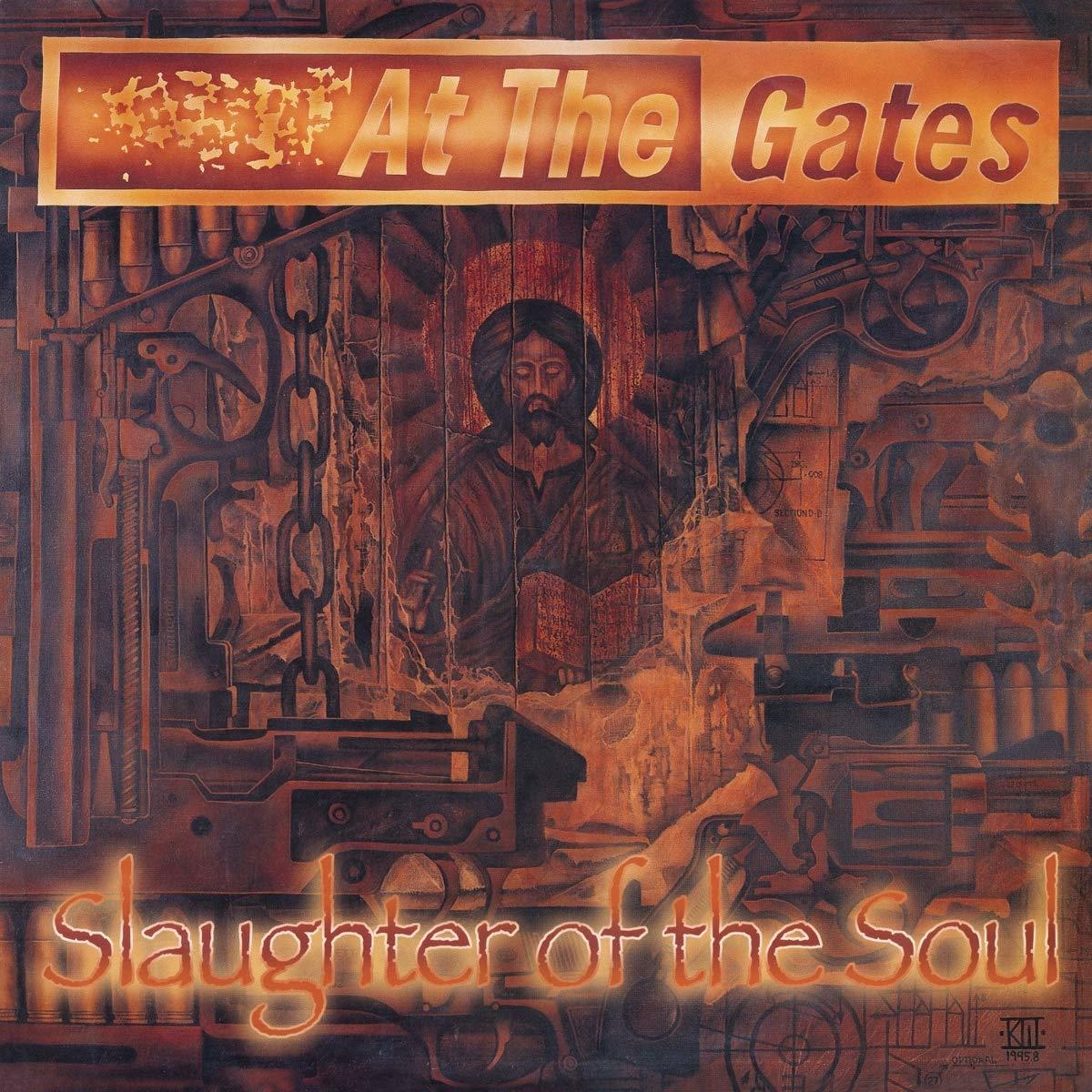 Albumcover von At The Gates 'Slaughter of the Soul'. Eine Person vor Maschinen in dunklem Rot.