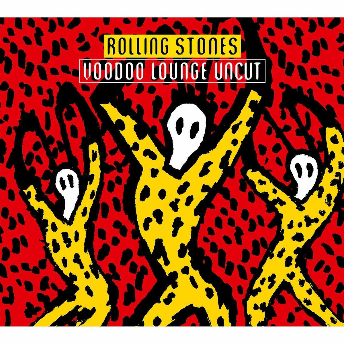 Albumhoes: Gele figuren met zwarte stippen op een rode achtergrond. De tekst luidt 'Rolling Stones Voodoo Lounge Uncut'.