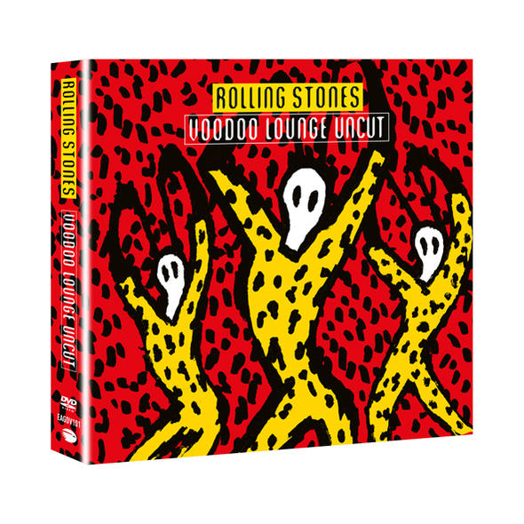 DVD-hoes van de Rolling Stones' Voodoo Lounge Uncut. Rode achtergrond met gele figuren en zwarte stippen. Tekst in wit en rood.