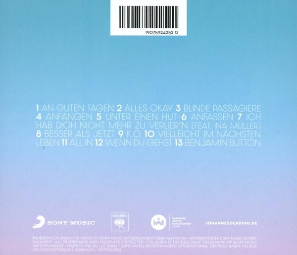 Albumrückseite mit Songtiteln auf Deutsch. Blaues und lila Farbschema.