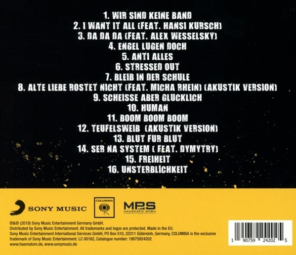 Albumcover mit Trackliste auf gelb-schwarzem Hintergrund. Sony Music Logo ist sichtbar.