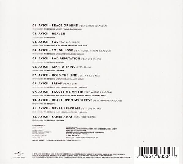 Album borító a számlistával. Cím: 'AVICII'. A dalok listája és a kreditek, Universal logóval.