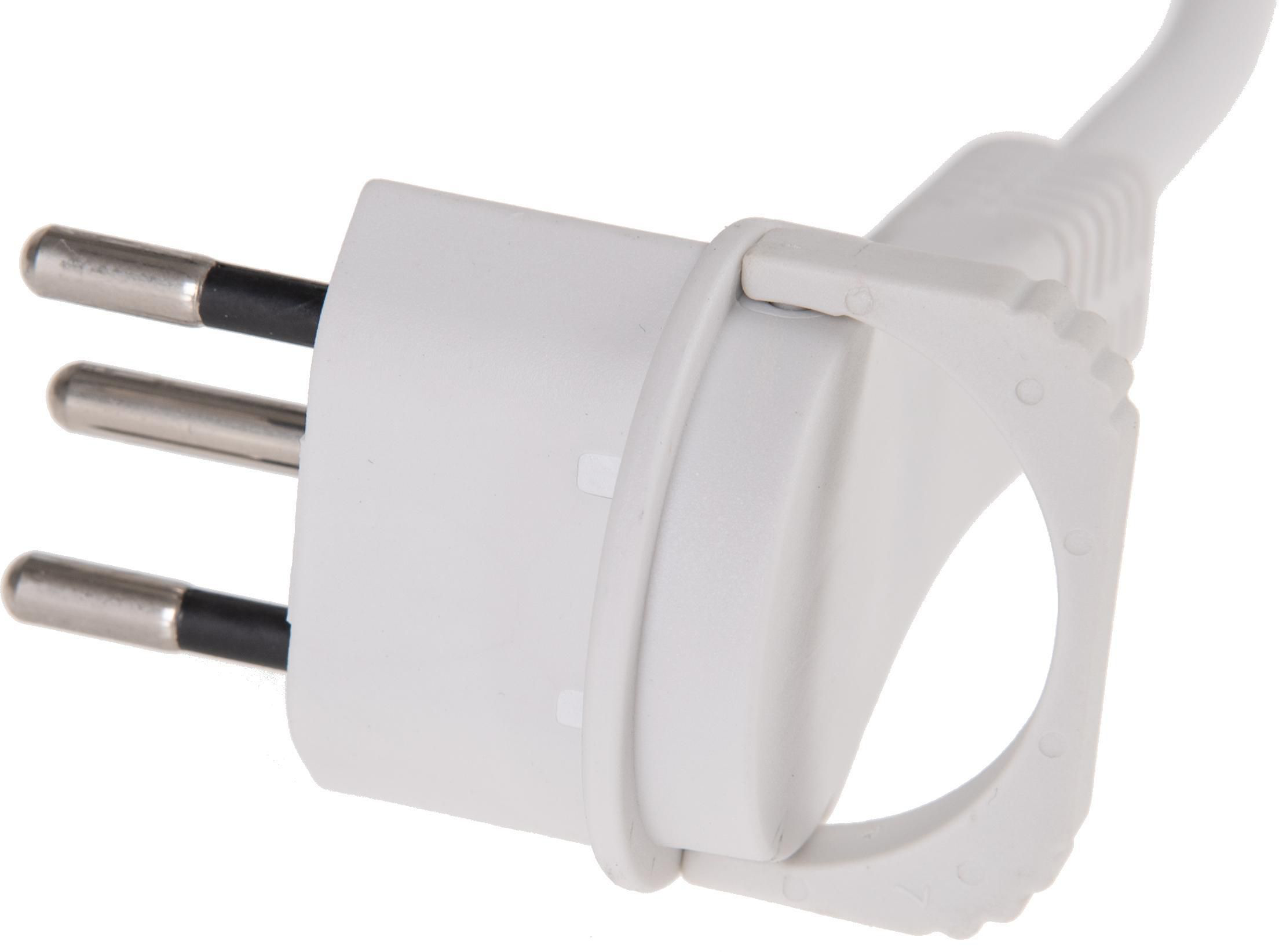 Weißer Netzstecker mit drei Stiften, Nahaufnahme. Griff zum einfachen Einstecken, isoliert auf weißem Hintergrund.