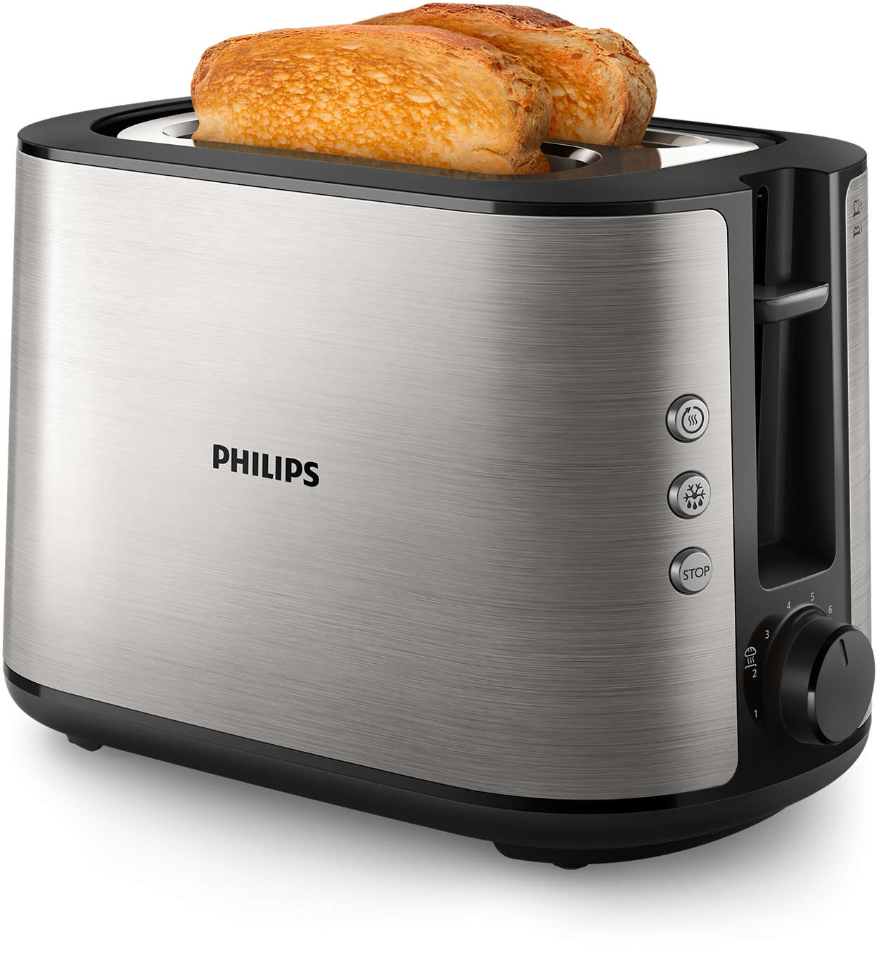 Silberner Toaster mit zwei Toastbrotscheiben. Marke Philips, schwarzer Sockel, Knöpfe und Regler sichtbar an der Seite.
