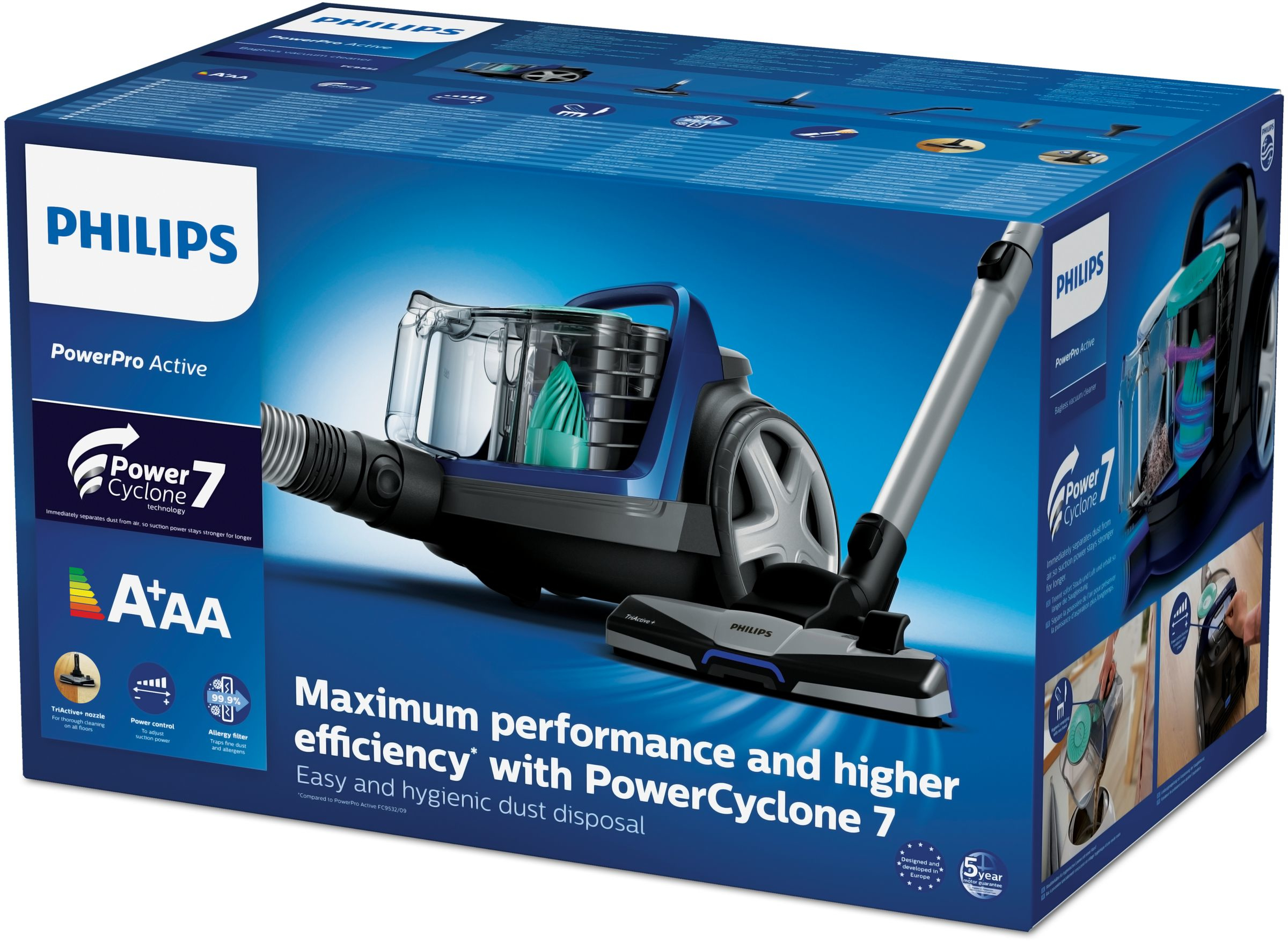 Una scatola mostra un aspirapolvere Philips PowerPro Active. La scatola presenta l'aspirapolvere, le sue caratteristiche e il logo Philips.