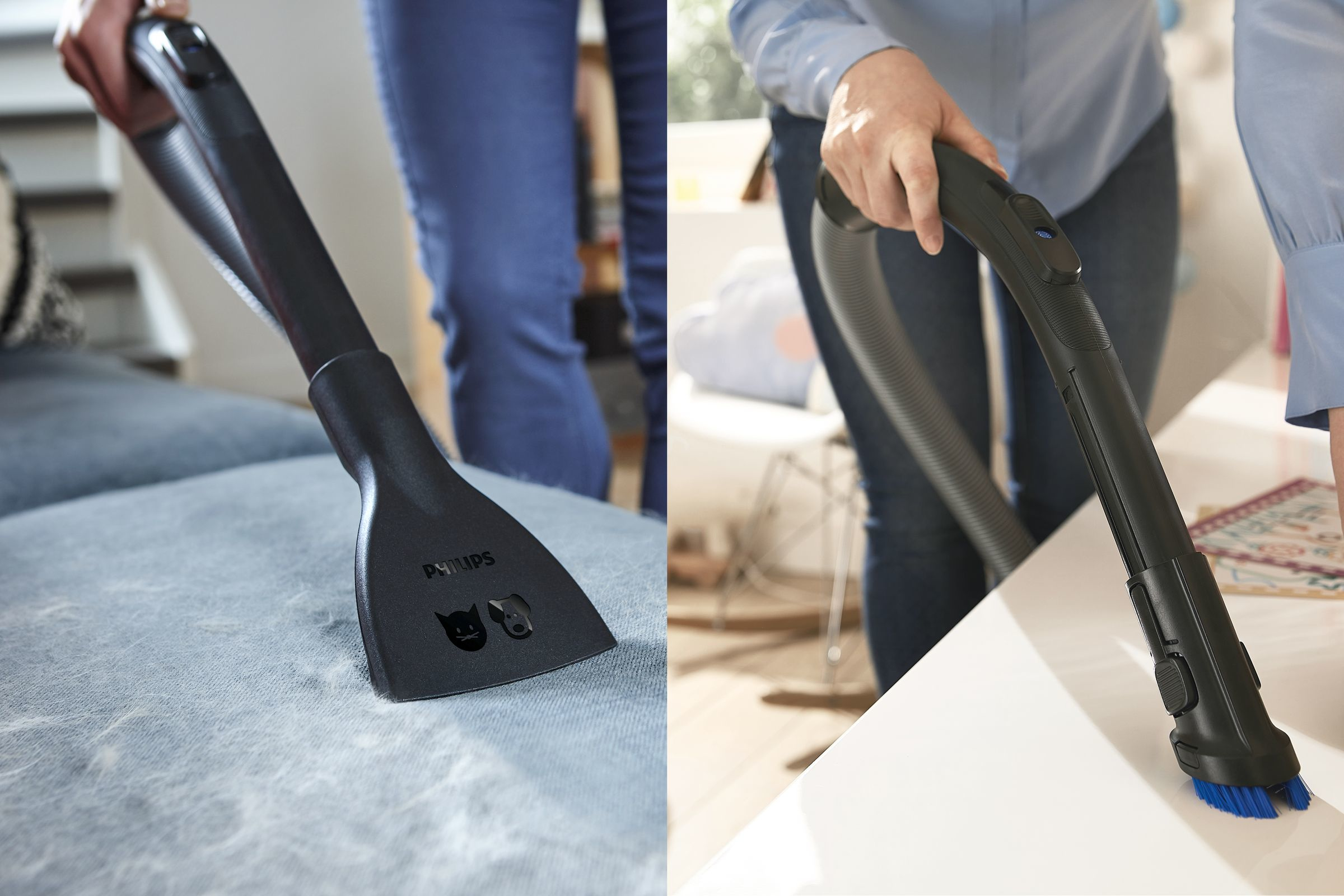 Due immagini. Un accessorio per aspirapolvere pulisce un divano. Un altro aspira un tavolo.