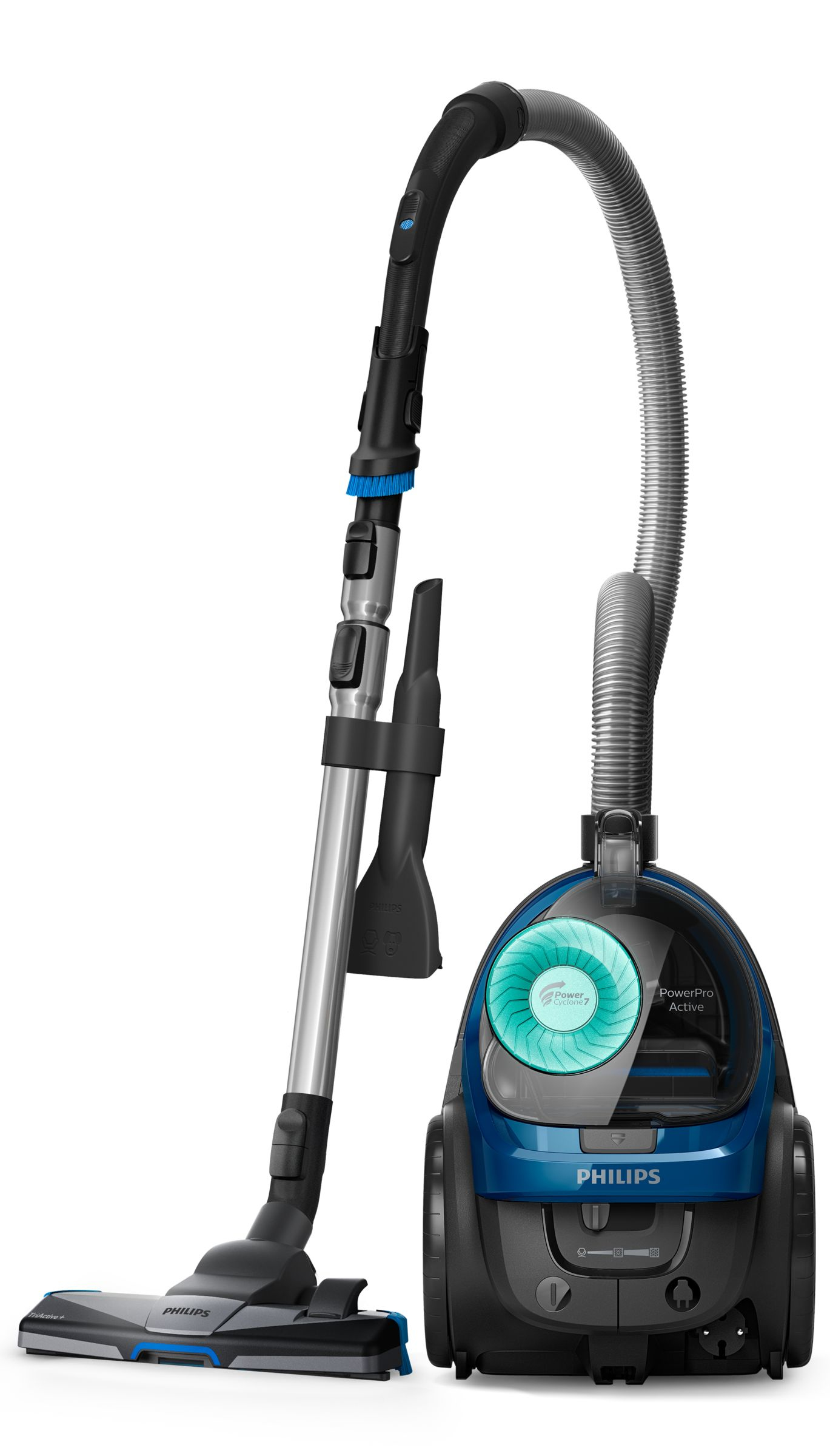 Un aspirapolvere Philips blu e nero con accessori.
