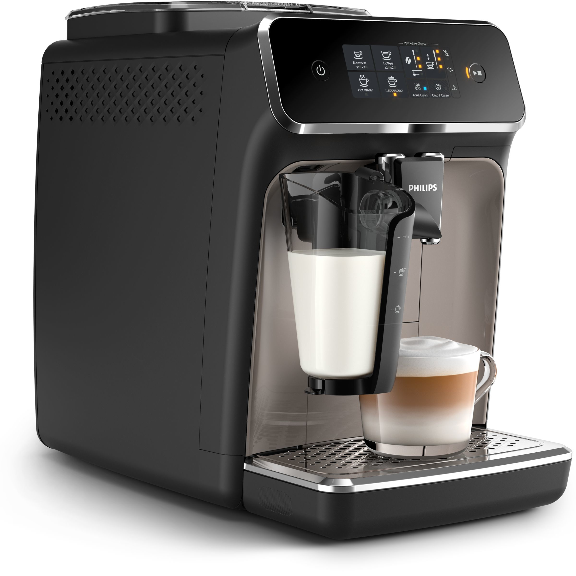 Schwarze Philips Kaffeemaschine mit Milchaufschäumer. Kaffeetasse vorhanden, verschiedene Getränkeoptionen sichtbar.