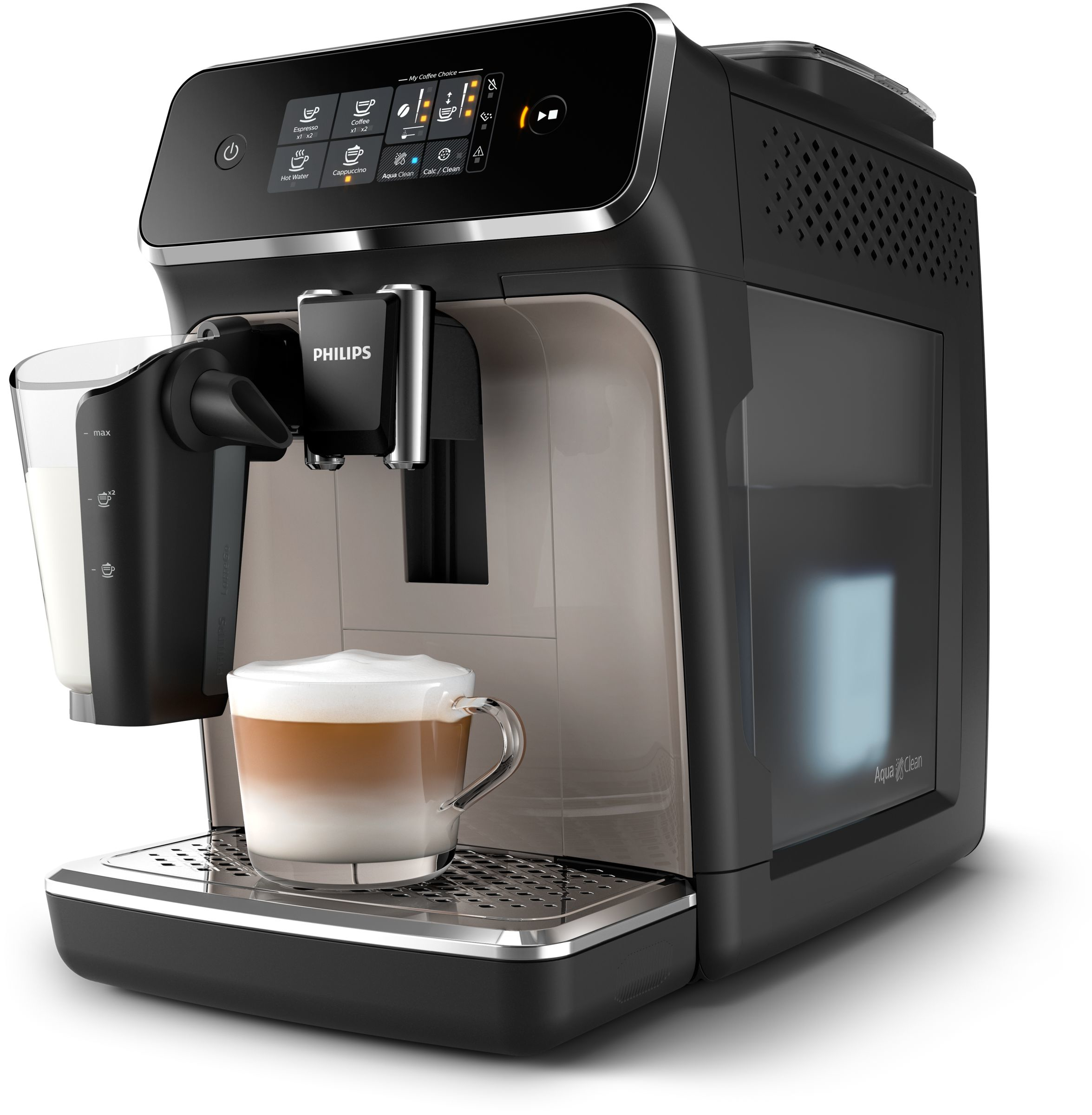 Eine schwarze Kaffeemaschine mit einer Glastasse und einem Milchbehälter.