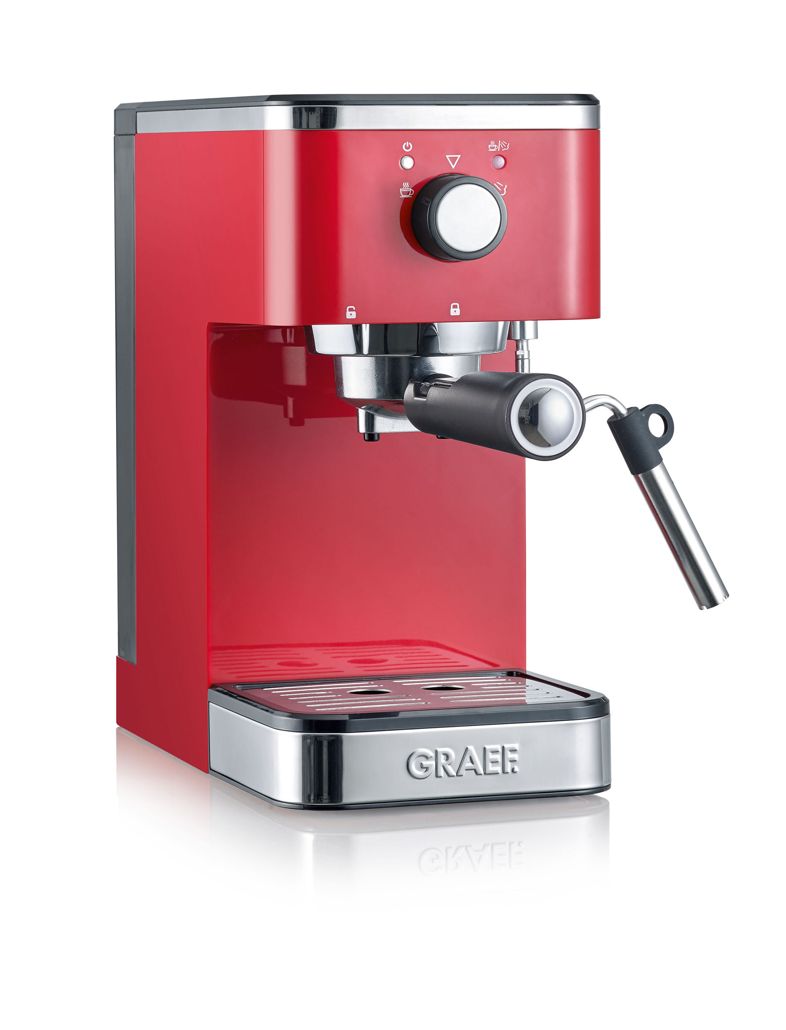 Eine rote Espressomaschine mit einem schwarzen Siebträger und einer Chrom-Dampflanze.