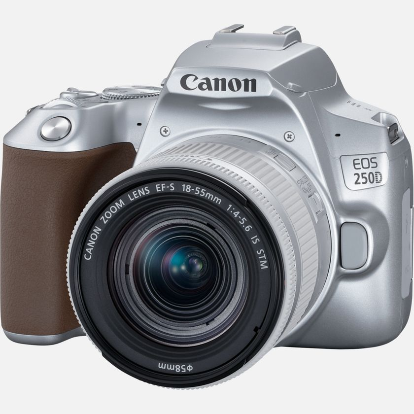 Cámara réflex - Canon EOS 250D, CMOS 24.1 MP, Vídeo 4K, Wi-Fi, Plata + Objetivo EF-S 18-55mm f/4-5.6 IS STM