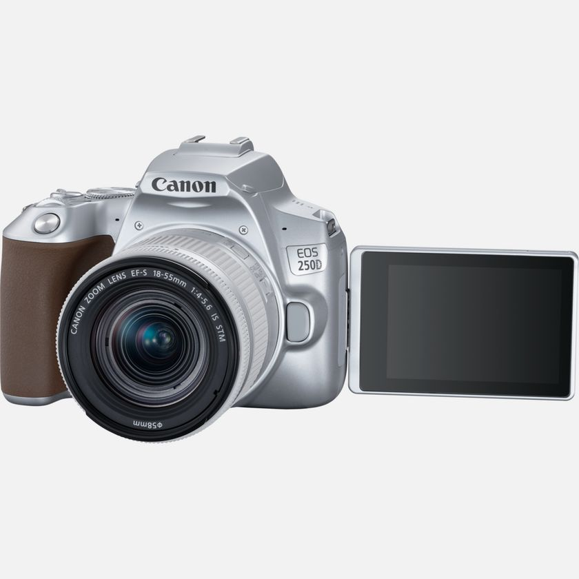 Cámara réflex - Canon EOS 250D, CMOS 24.1 MP, Vídeo 4K, Wi-Fi, Plata + Objetivo EF-S 18-55mm f/4-5.6 IS STM