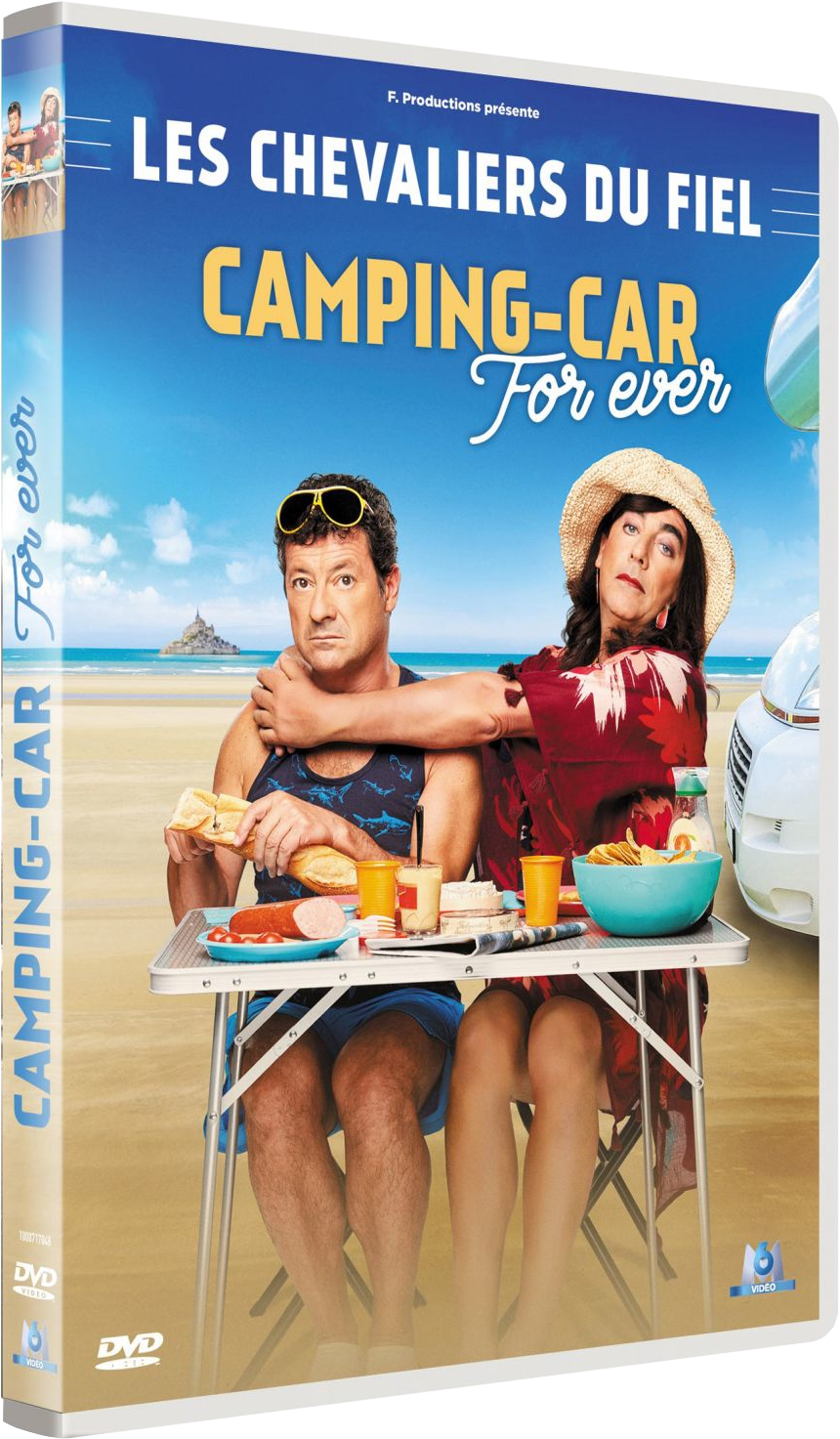 Couverture DVD : Deux personnes à une table de plage, avec titre de film et images de camping.