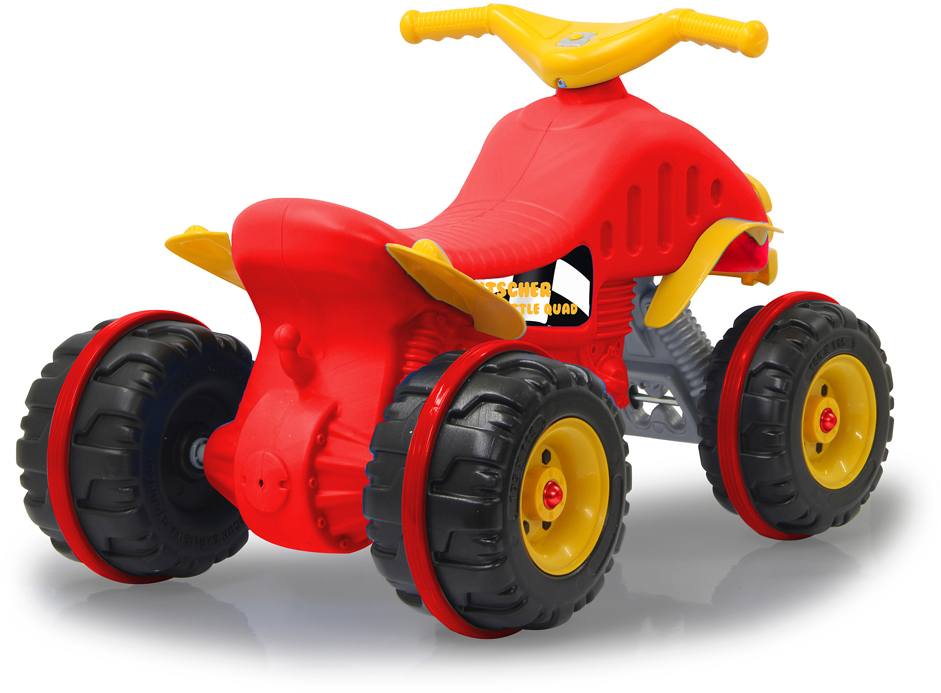 Roter und gelber Spielzeug-ATV mit vier Rädern. 'FISCHER' und 'LITTLE QUAD'-Aufkleber.
