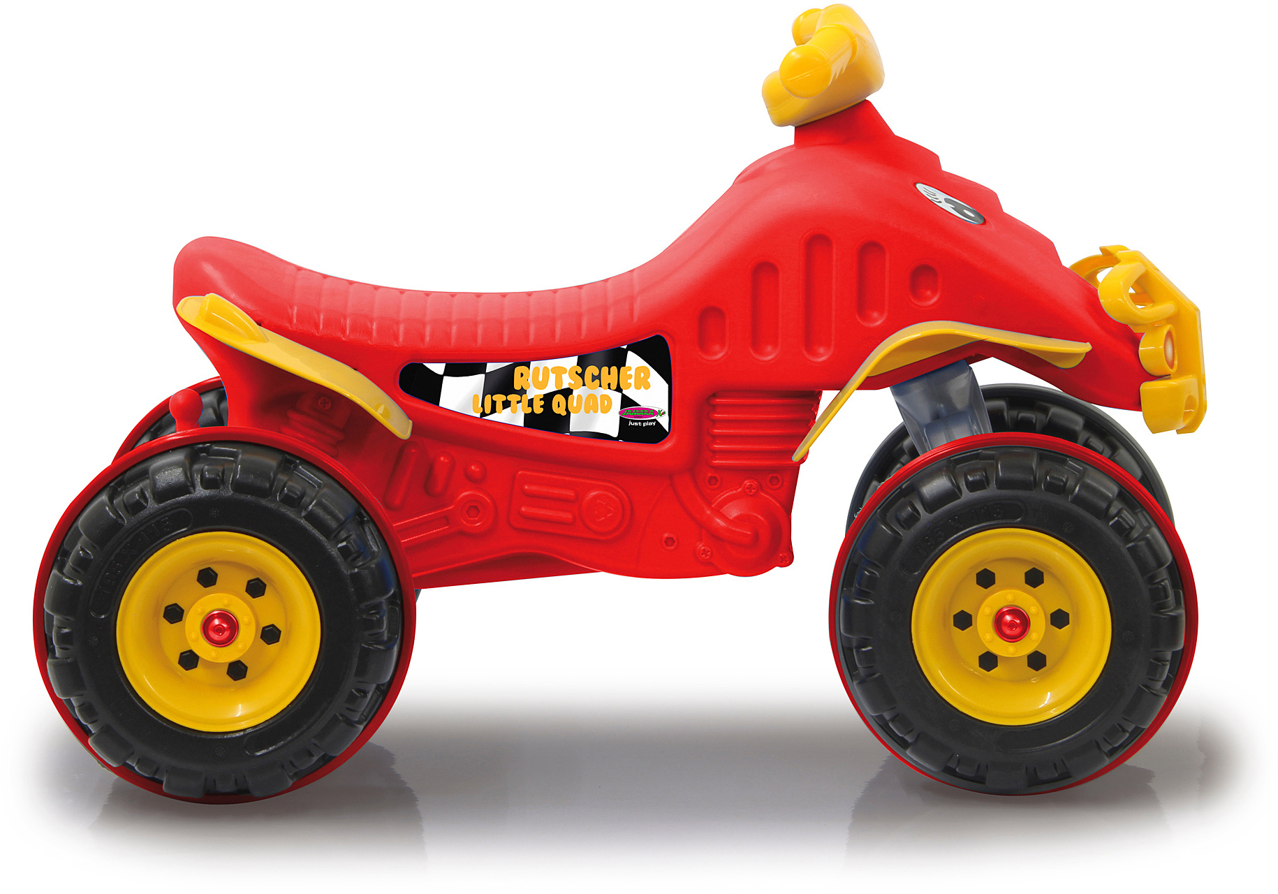 Rotes und gelbes Spielzeug-Quad, Seitenansicht, mit Schachflaggen-Aufkleber.