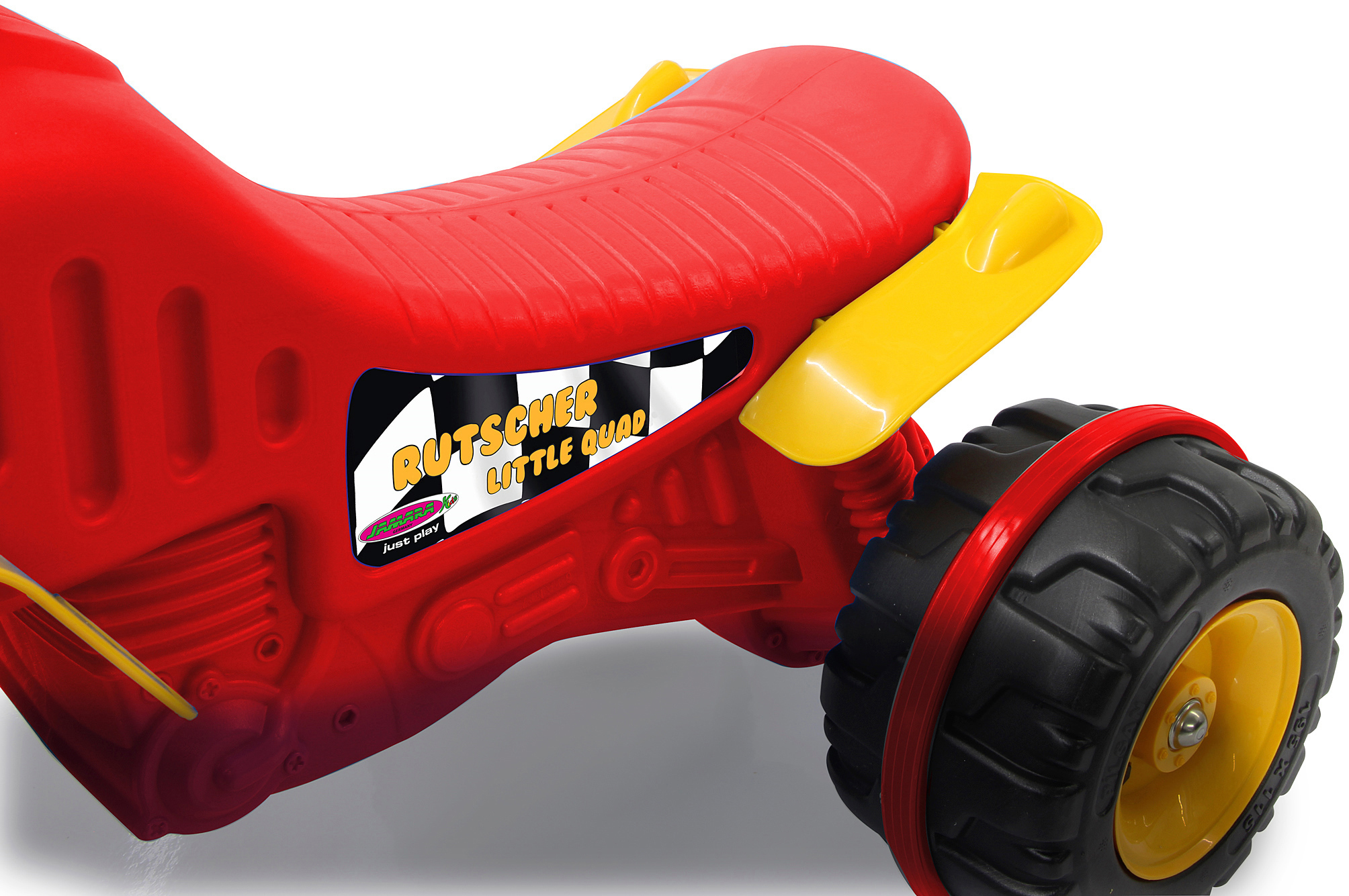 Rotes und gelbes Spielzeug-Quad-Bike mit schwarzen Rädern, Nahaufnahme.