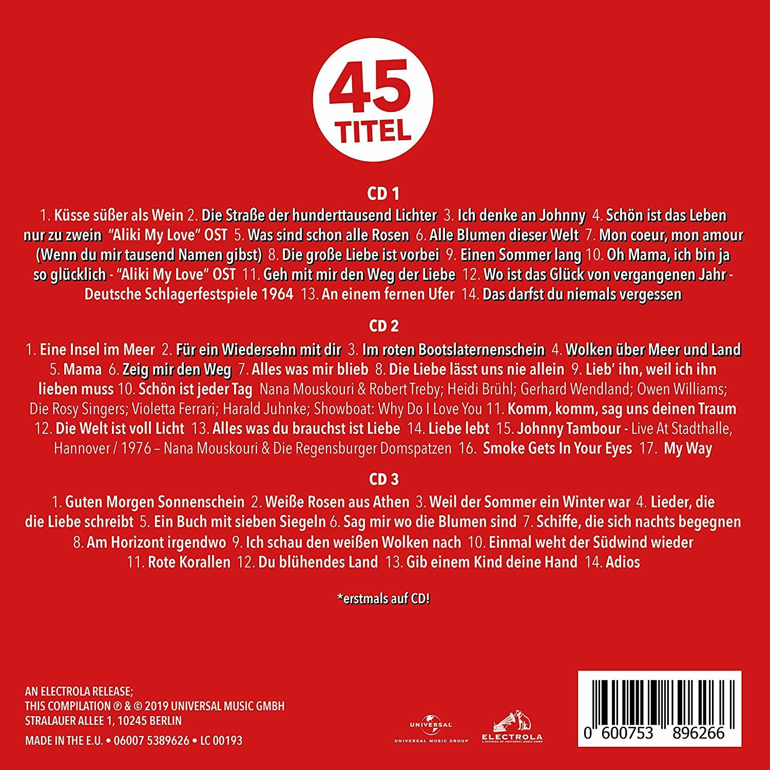 Rotes Albumcover mit weißem Text. Enthält eine Liste von Songs.